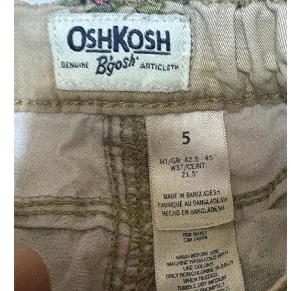 Vintage OshKosh Girls Khaki Floral Utility Pants Straight Leg Tan Pink Size 5